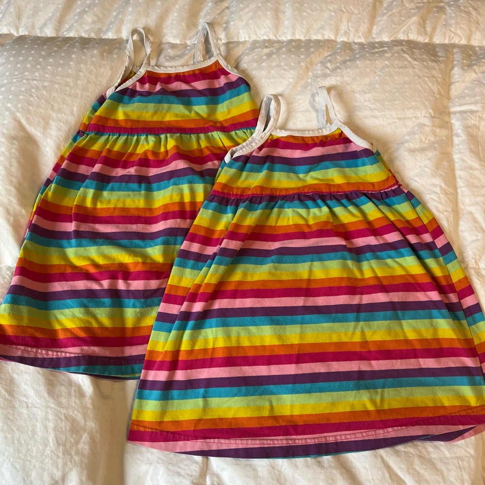 Twin Matching Set of Buttons & Bows Rainbow Sleeveless Dresses